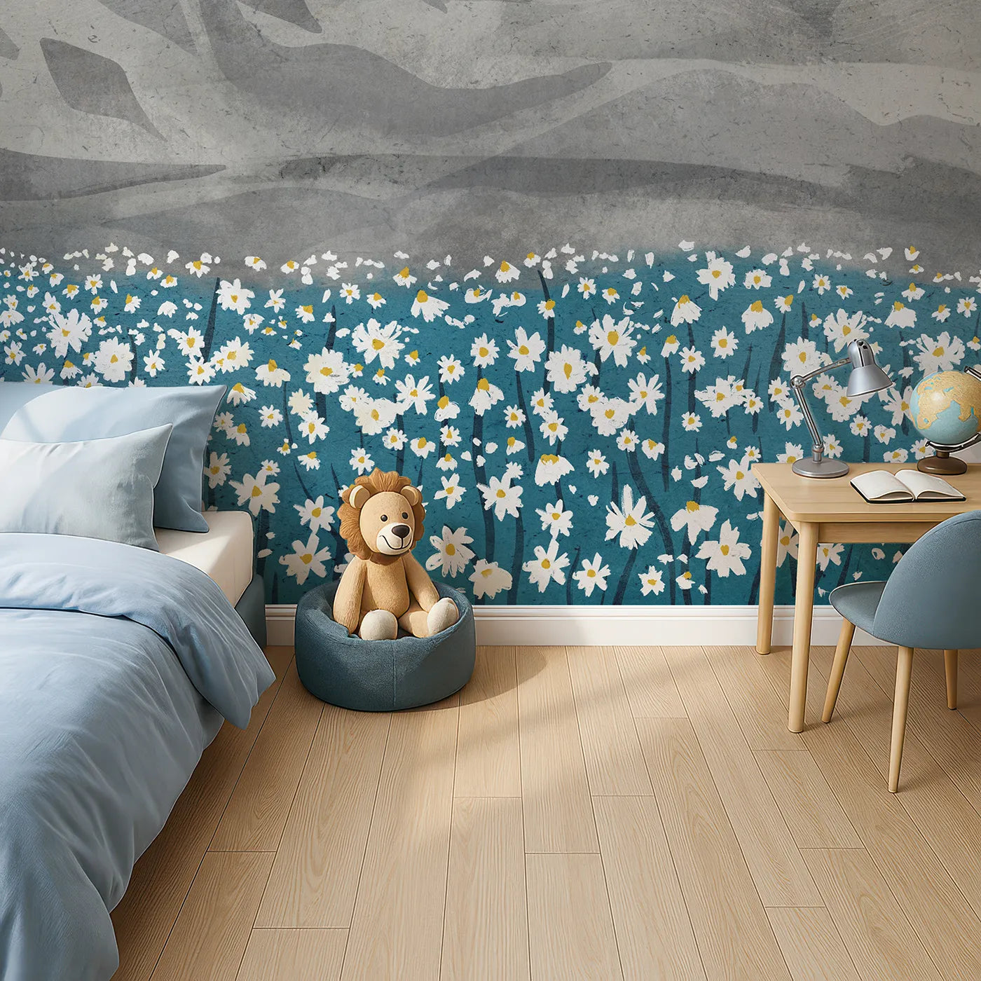 Top-down view of Whimsy Tots' Daisy Mountain Wall Mural (Turn Their Room into a Field of Modern, Minimalist Flowers).Gender-Neutral
