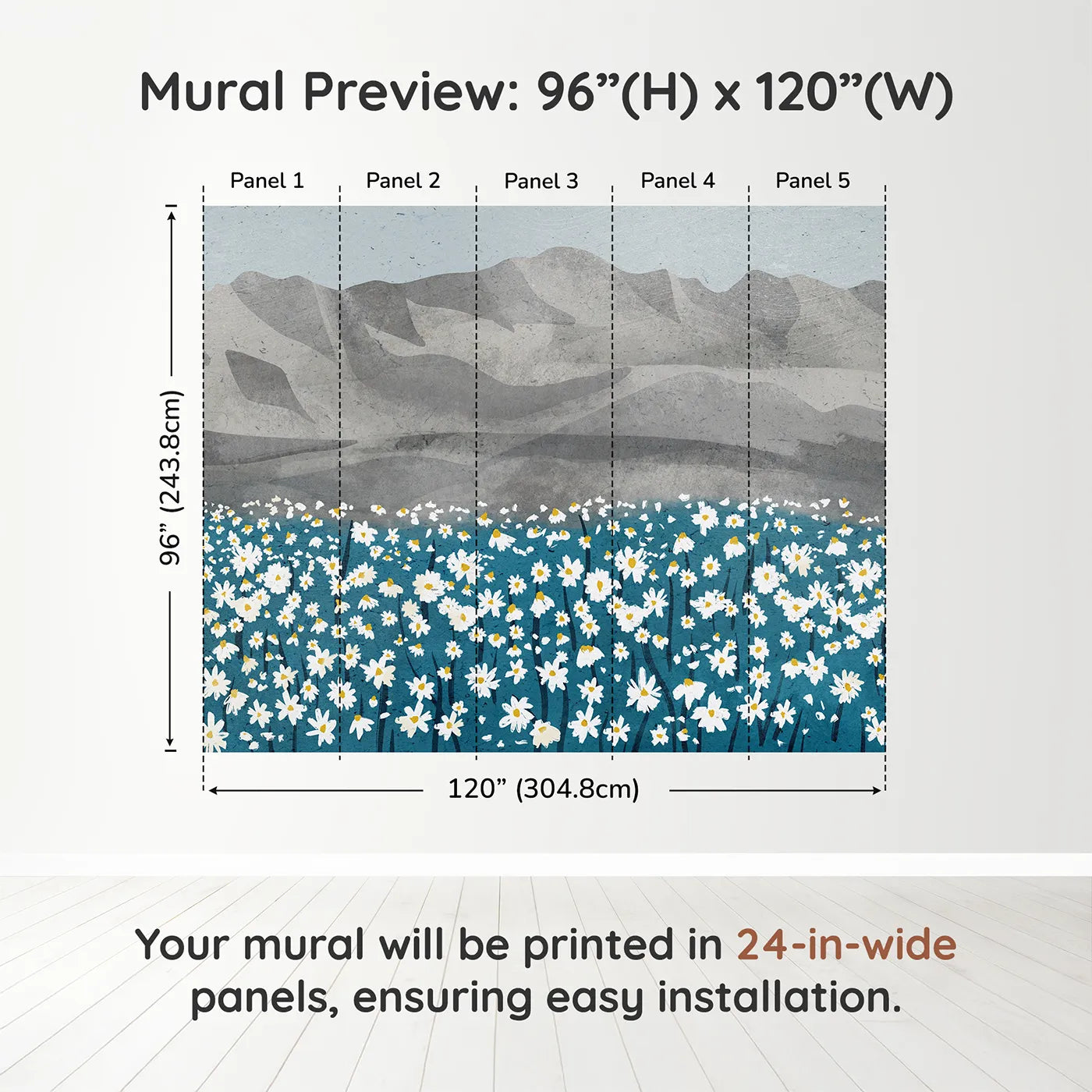 Whimsy Tots Daisy Mountain Wall Muraldimension view (96" H x 120" W). Printed in five 24-inch-wide panels. Gender-Neutral
