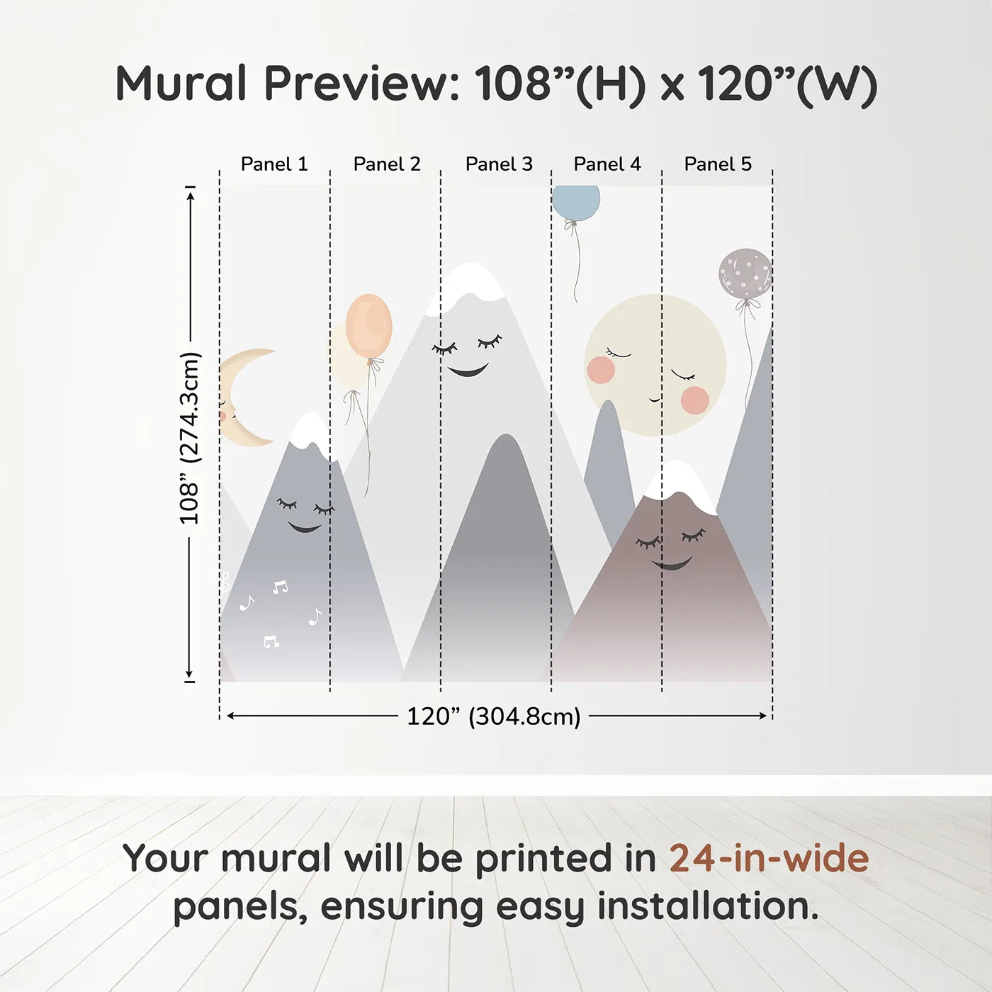 Whimsy Tots Singing Mountains Wall Muraldimension view (108" H x 120" W). Printed in five 24-inch-wide panels. Gender-Neutral