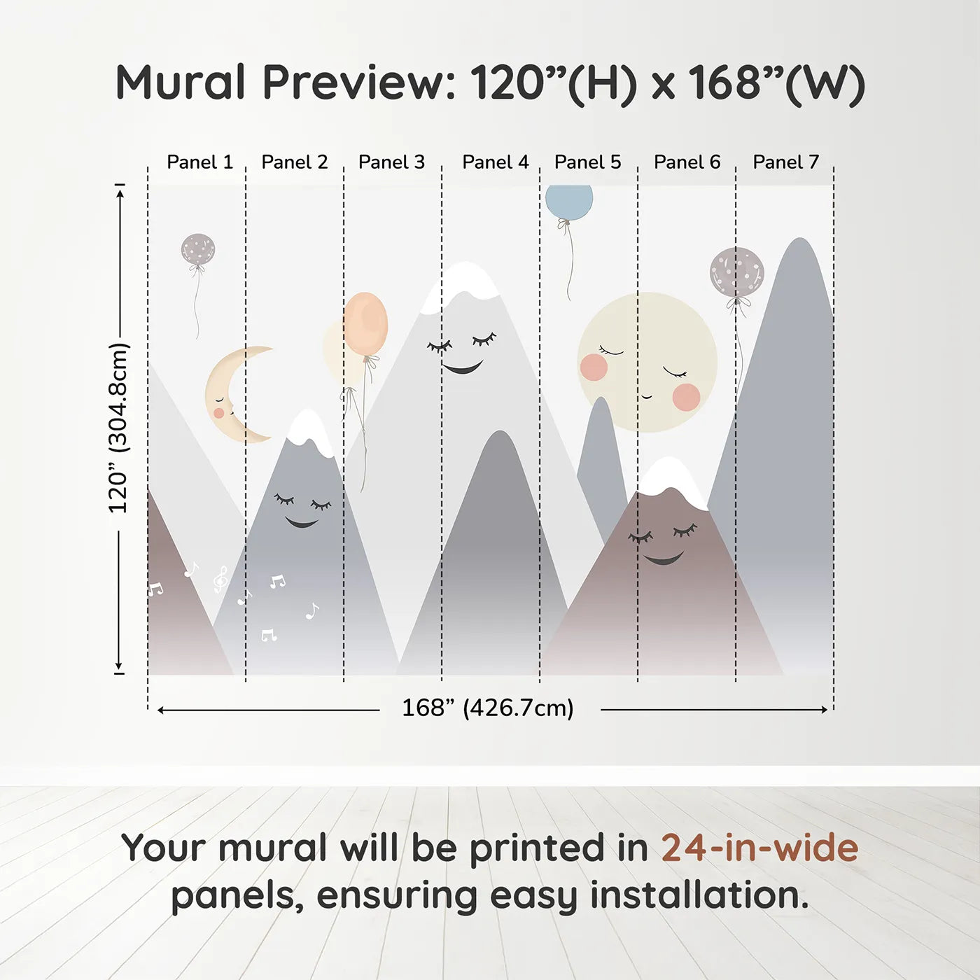 Whimsy Tots Singing Mountains Wall Muraldimension view (120" H x 168" W). Printed in seven 24-inch-wide panels. Gender-Neutral