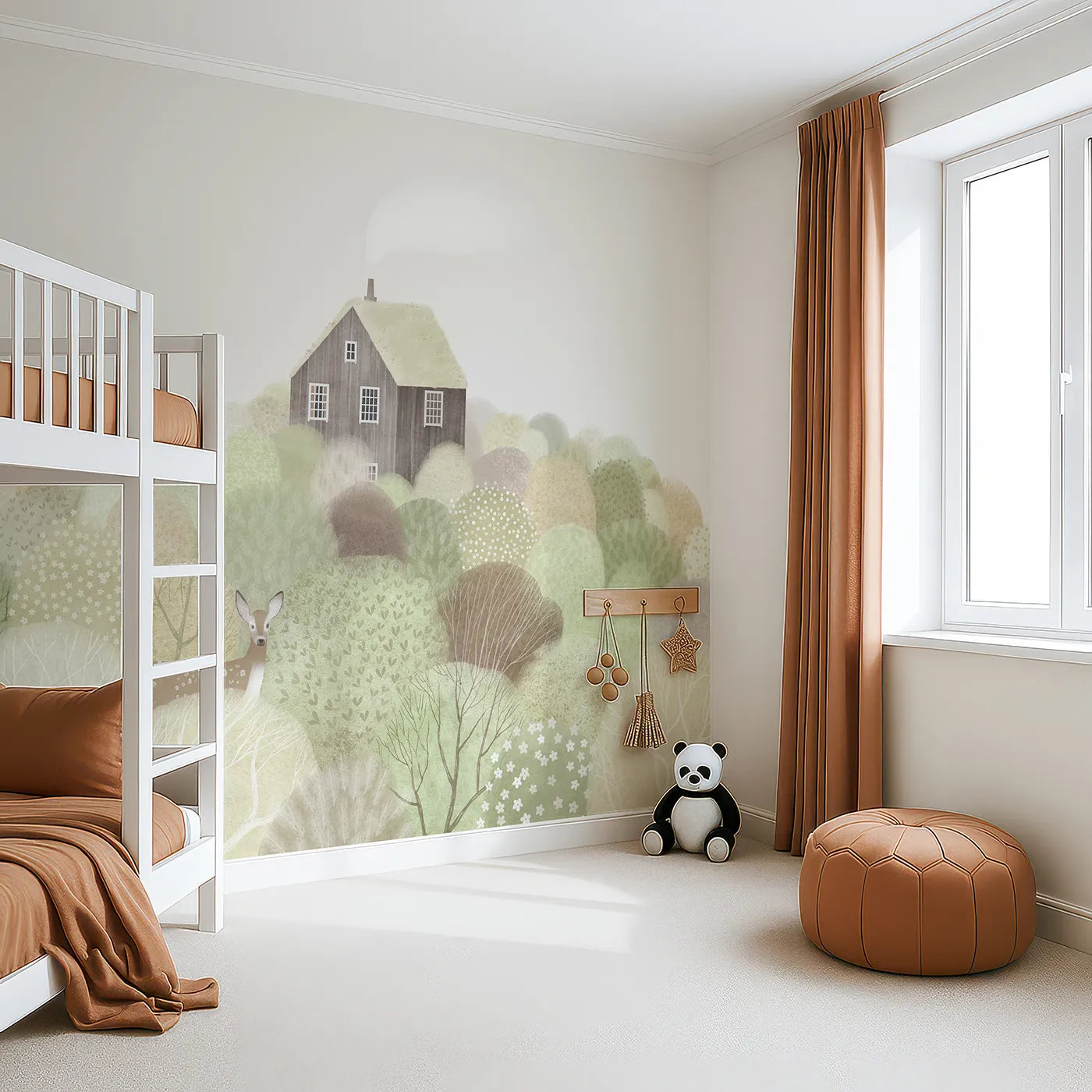 Angled view of Whimsy Tots' Hilltop Cottage Wall Mural (Turn Their Room into a Cozy, Storybook Hideaway).Gender-Neutral
