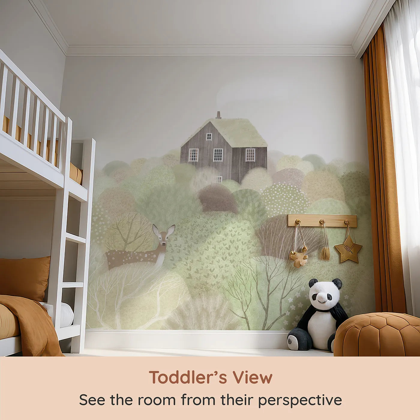 Whimsy Tots Hilltop Cottage Wall Mural (Turn Their Room into a Cozy, Storybook Hideaway) from your child's view.Gender-Neutral