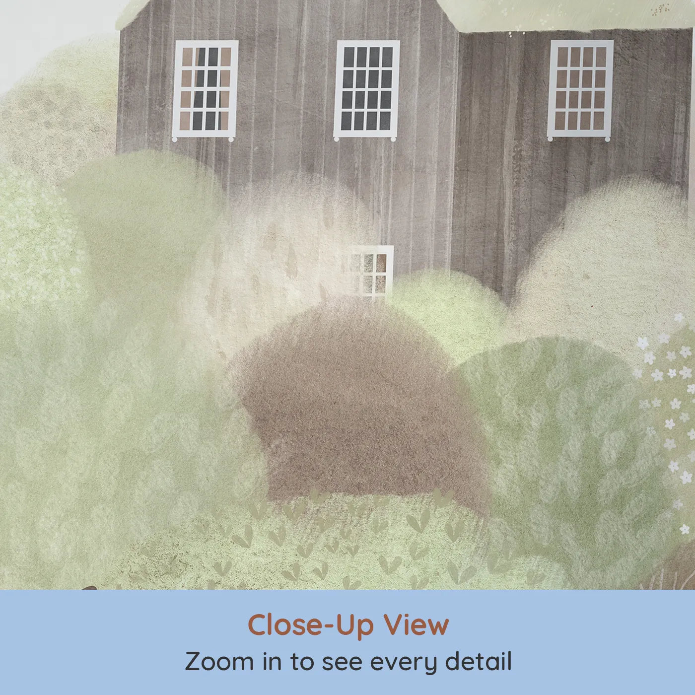 Close-up view of Whimsy Tots' Hilltop Cottage Wall Mural (Turn Their Room into a Cozy, Storybook Hideaway).Gender-Neutral