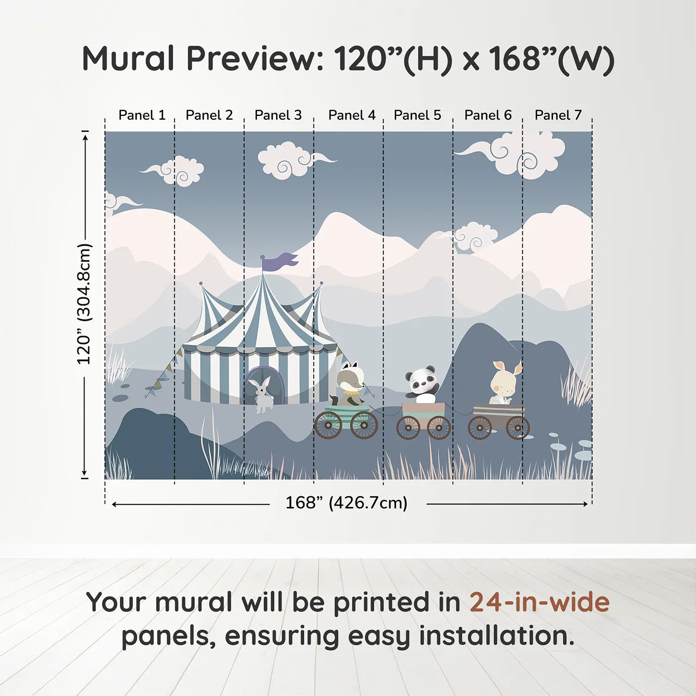 Whimsy Tots Circus Train Wall Muraldimension view (120" H x 168" W). Printed in seven 24-inch-wide panels. Gender-Neutral