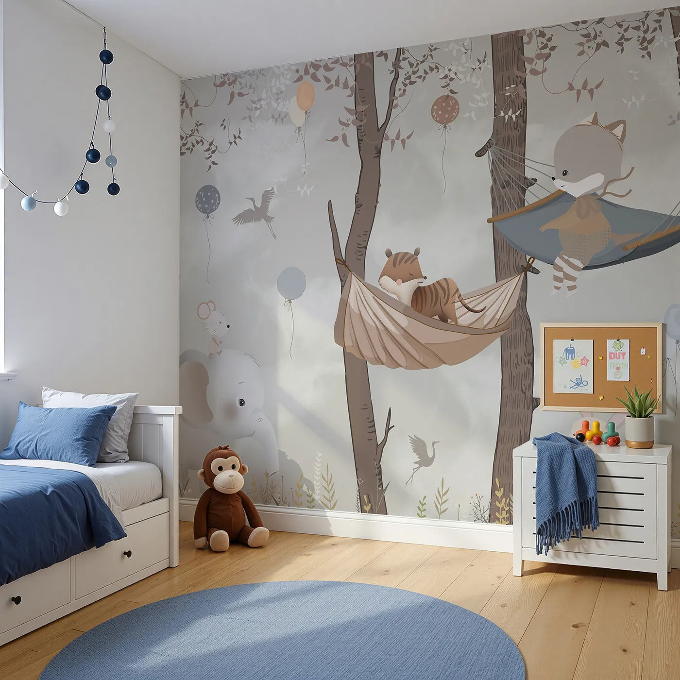 Angled view of Whimsy Tots' Woodland Hammock Party Wall Mural (Turn Their Room into the Coziest Forest Hideaway).Gender-Neutral