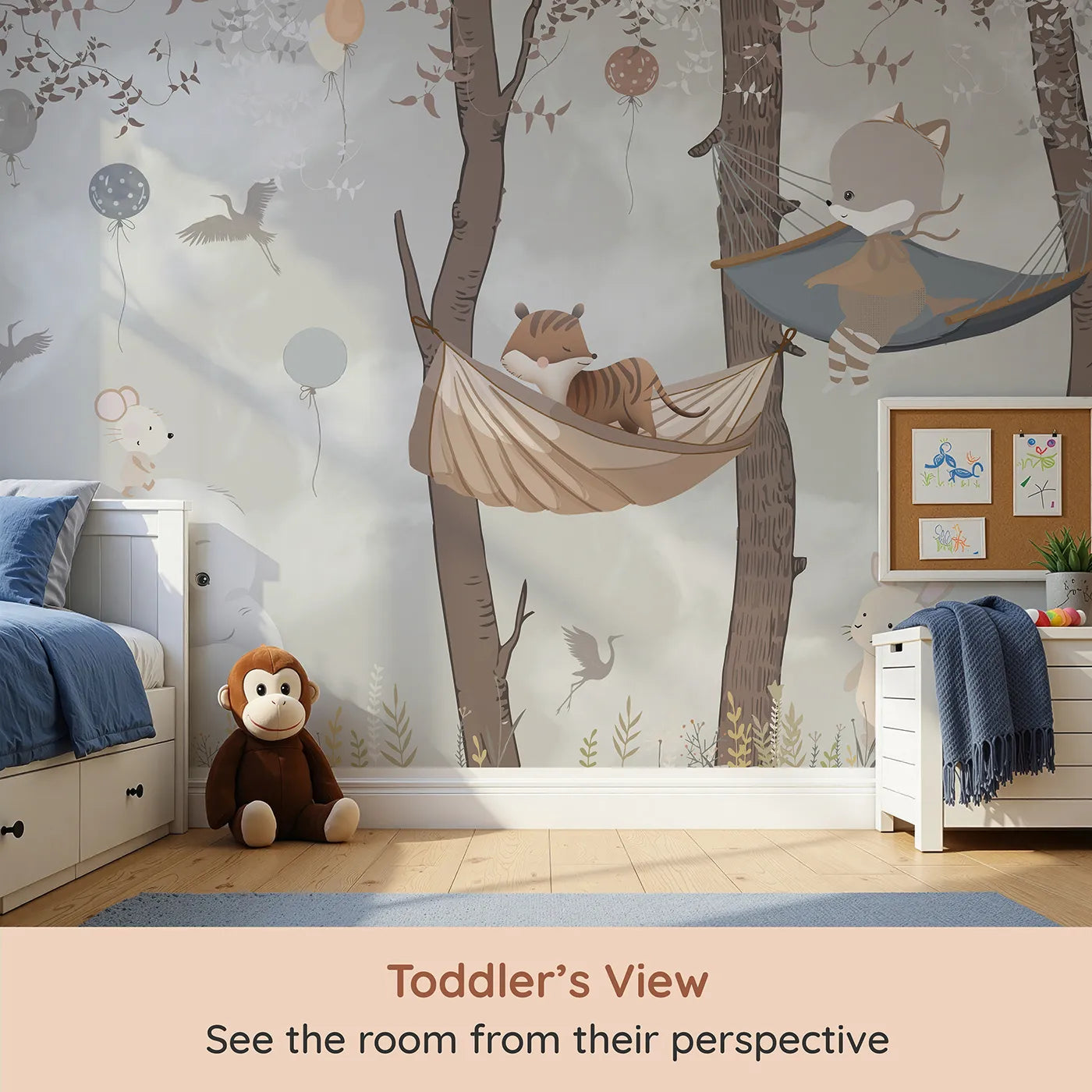 Whimsy Tots Woodland Hammock Party Wall Mural (Turn Their Room into the Coziest Forest Hideaway) from your child's view.Gender-Neutral