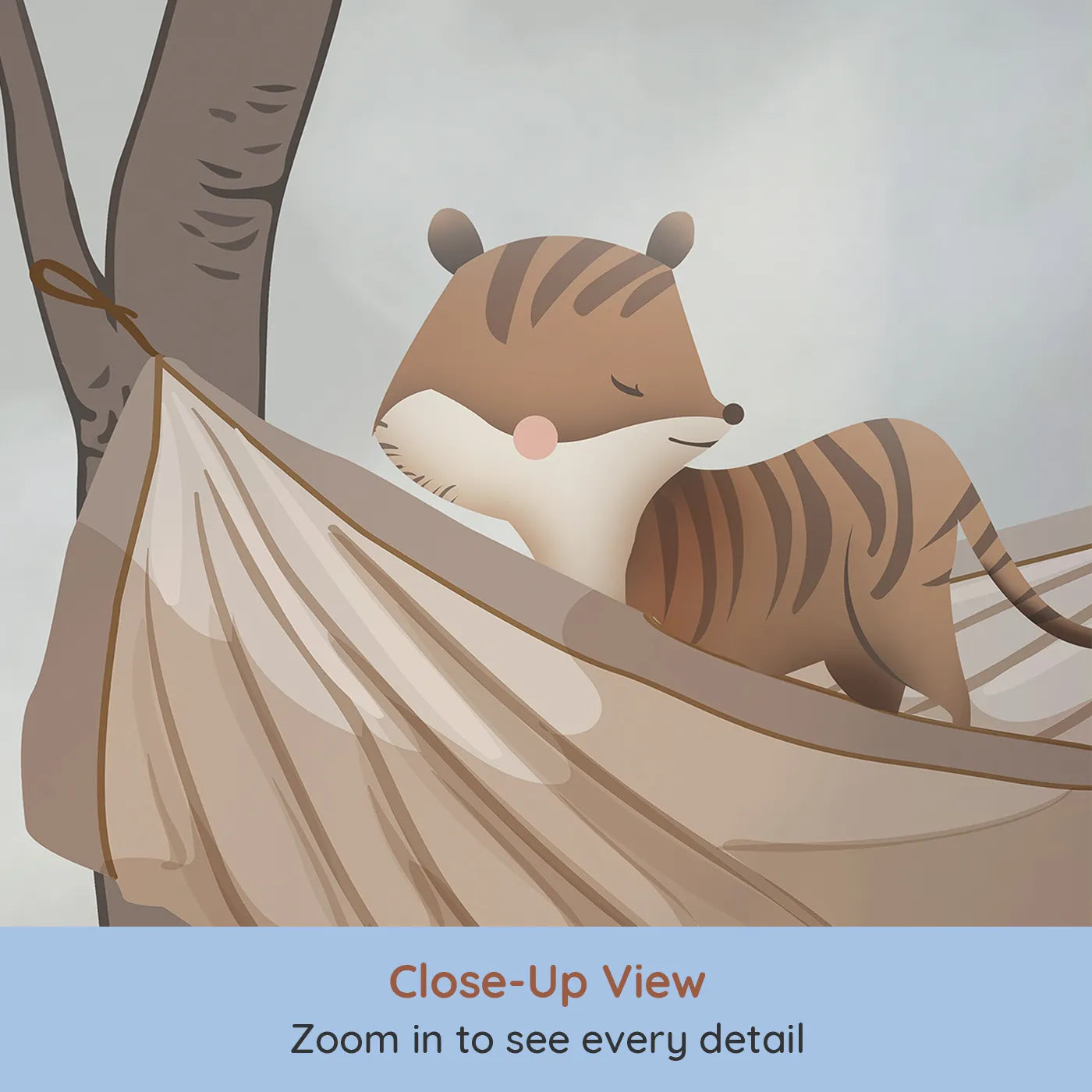 Close-up view of Whimsy Tots' Woodland Hammock Party Wall Mural (Turn Their Room into the Coziest Forest Hideaway).Gender-Neutral