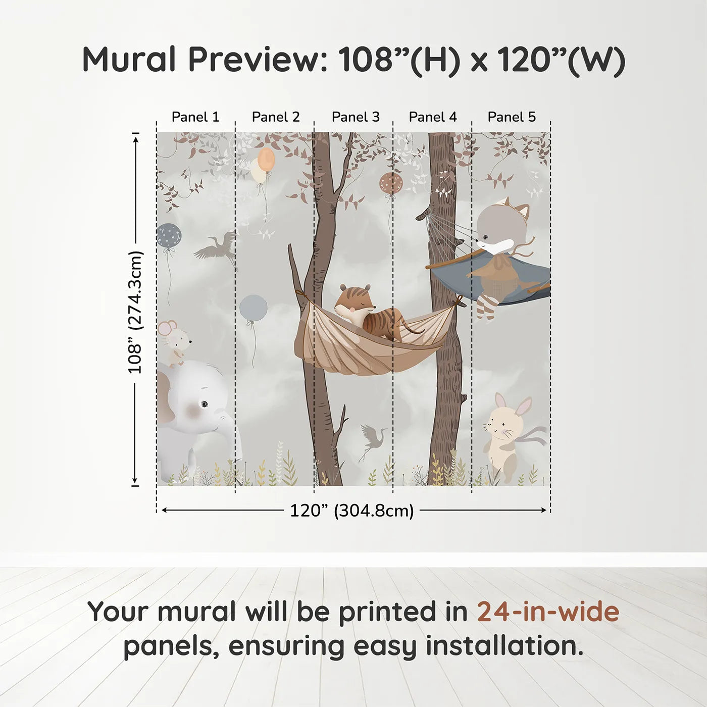 Whimsy Tots Woodland Hammock Party Wall Muraldimension view (108" H x 120" W). Printed in five 24-inch-wide panels. Gender-Neutral