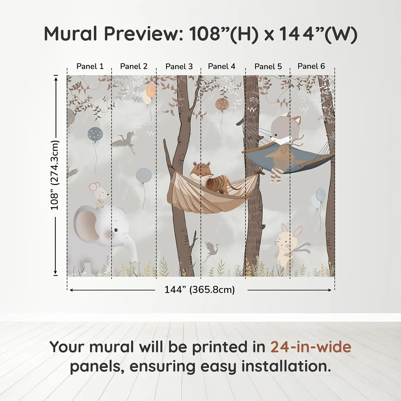 Whimsy Tots Woodland Hammock Party Wall Muraldimension view (108" H x 144" W). Printed in six 24-inch-wide panels. Gender-Neutral
