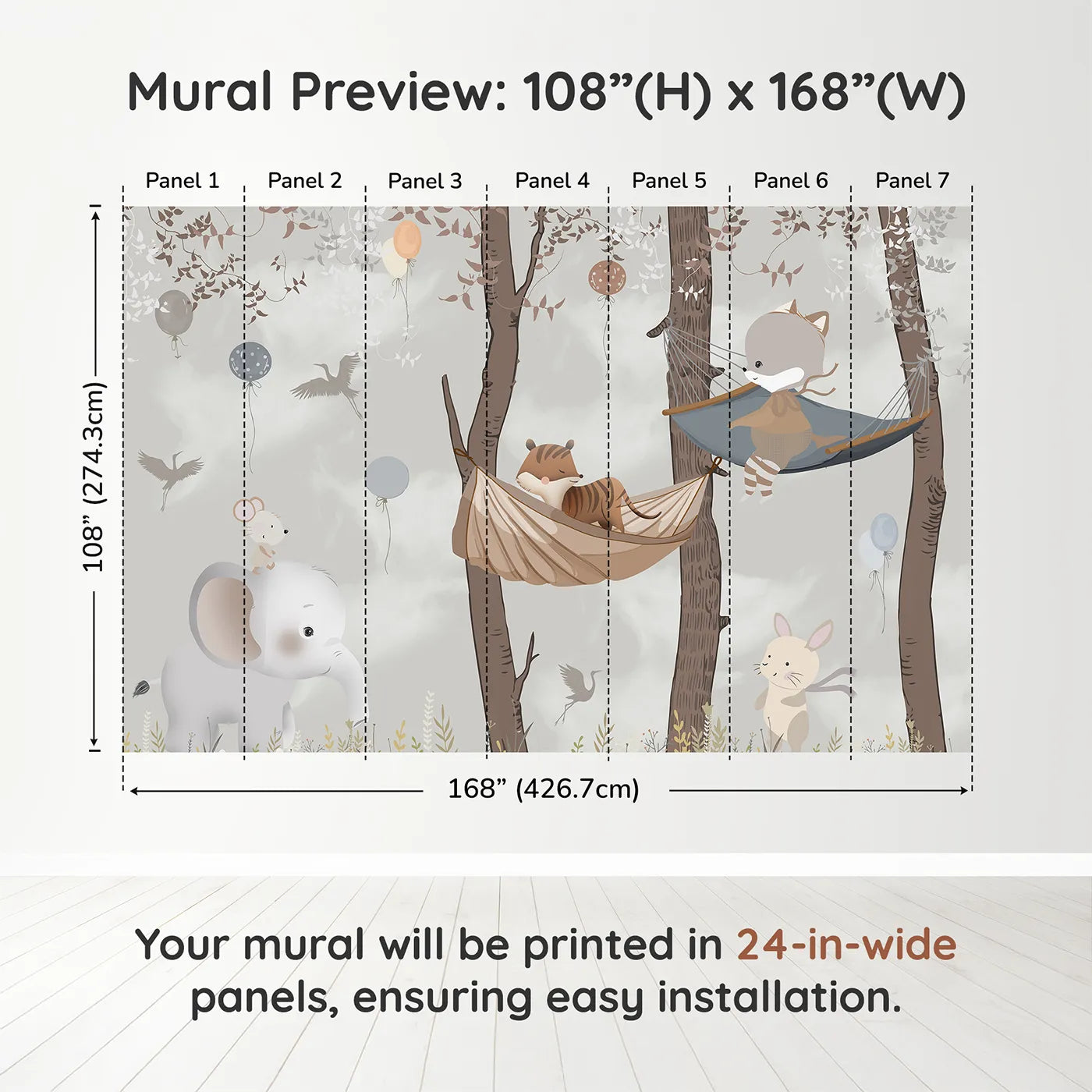 Whimsy Tots Woodland Hammock Party Wall Muraldimension view (108" H x 168" W). Printed in seven 24-inch-wide panels. Gender-Neutral