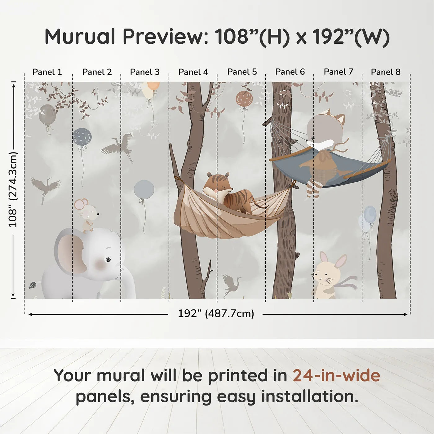 Whimsy Tots Woodland Hammock Party Wall Muraldimension view (108" H x 192" W). Printed in eight 24-inch-wide panels. Gender-Neutral