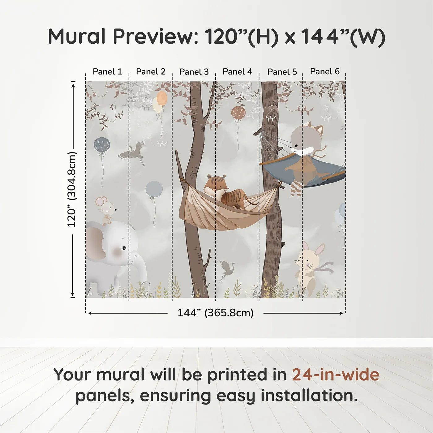 Whimsy Tots Woodland Hammock Party Wall Muraldimension view (120" H x 144" W). Printed in six 24-inch-wide panels. Gender-Neutral