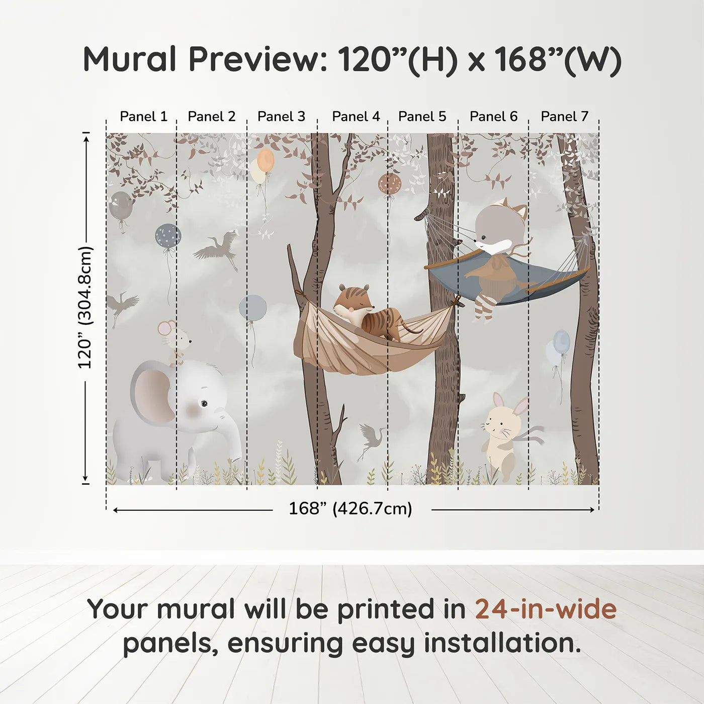 Whimsy Tots Woodland Hammock Party Wall Muraldimension view (120" H x 168" W). Printed in seven 24-inch-wide panels. Gender-Neutral
