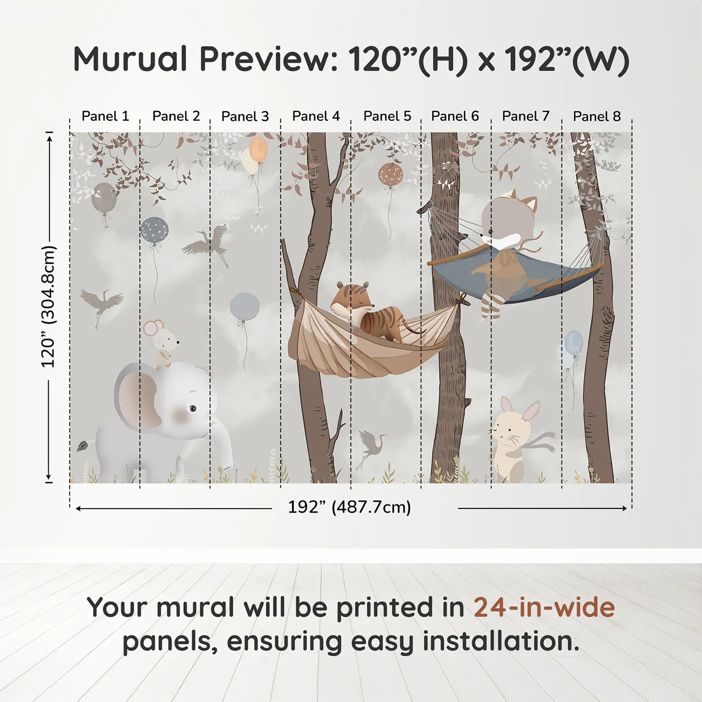 Whimsy Tots Woodland Hammock Party Wall Muraldimension view (120" H x 192" W). Printed in eight 24-inch-wide panels. Gender-Neutral