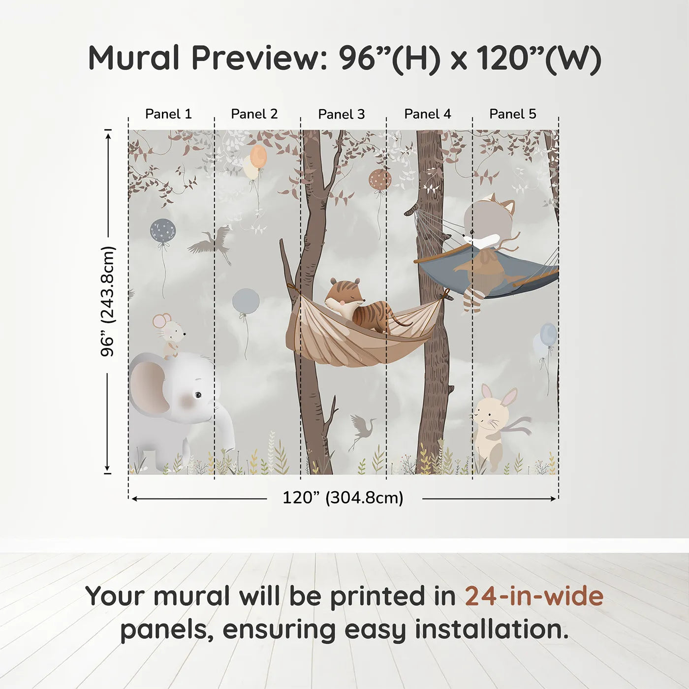 Whimsy Tots Woodland Hammock Party Wall Muraldimension view (96" H x 120" W). Printed in five 24-inch-wide panels. Gender-Neutral