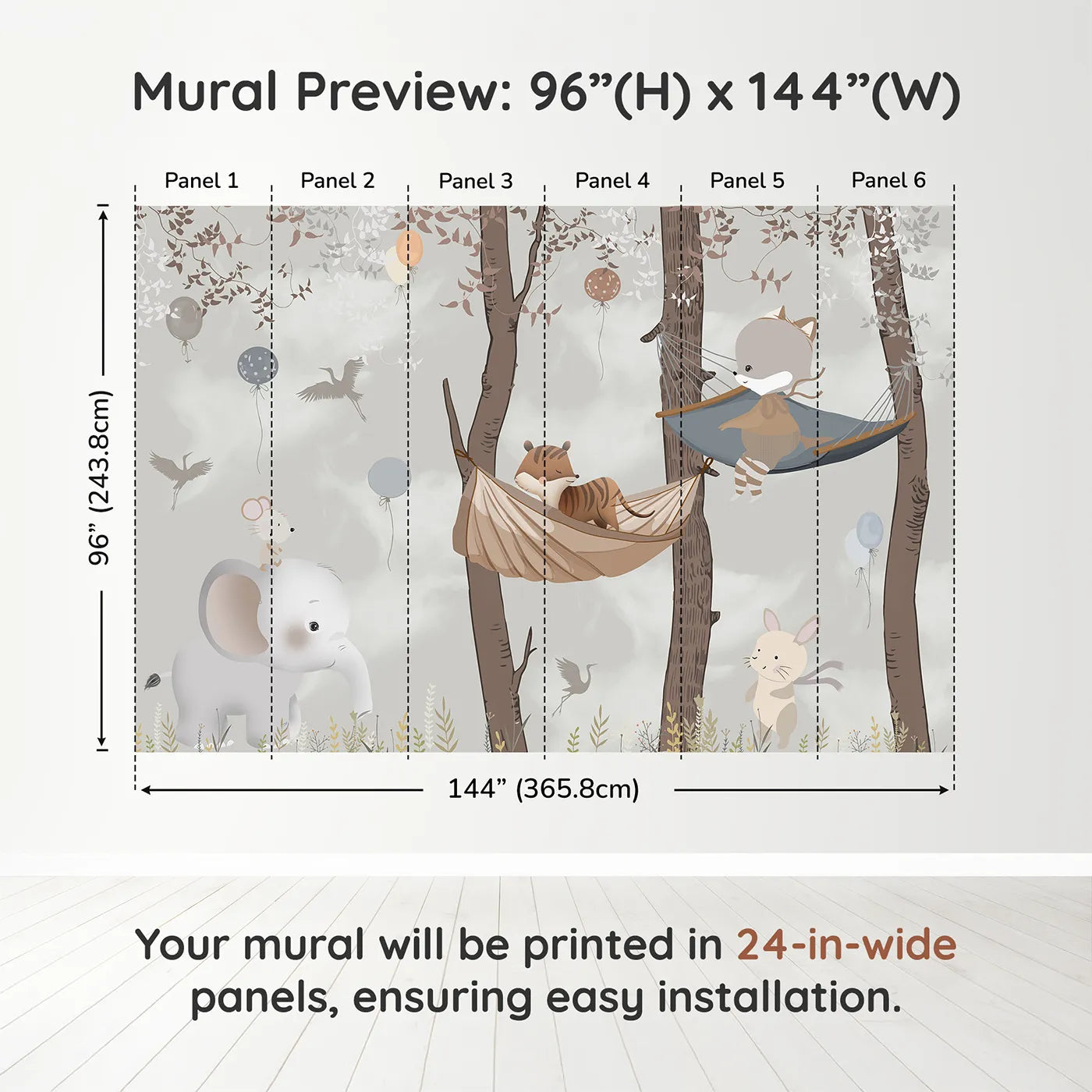 Whimsy Tots Woodland Hammock Party Wall Muraldimension view (96" H x 144" W). Printed in six 24-inch-wide panels. Gender-Neutral