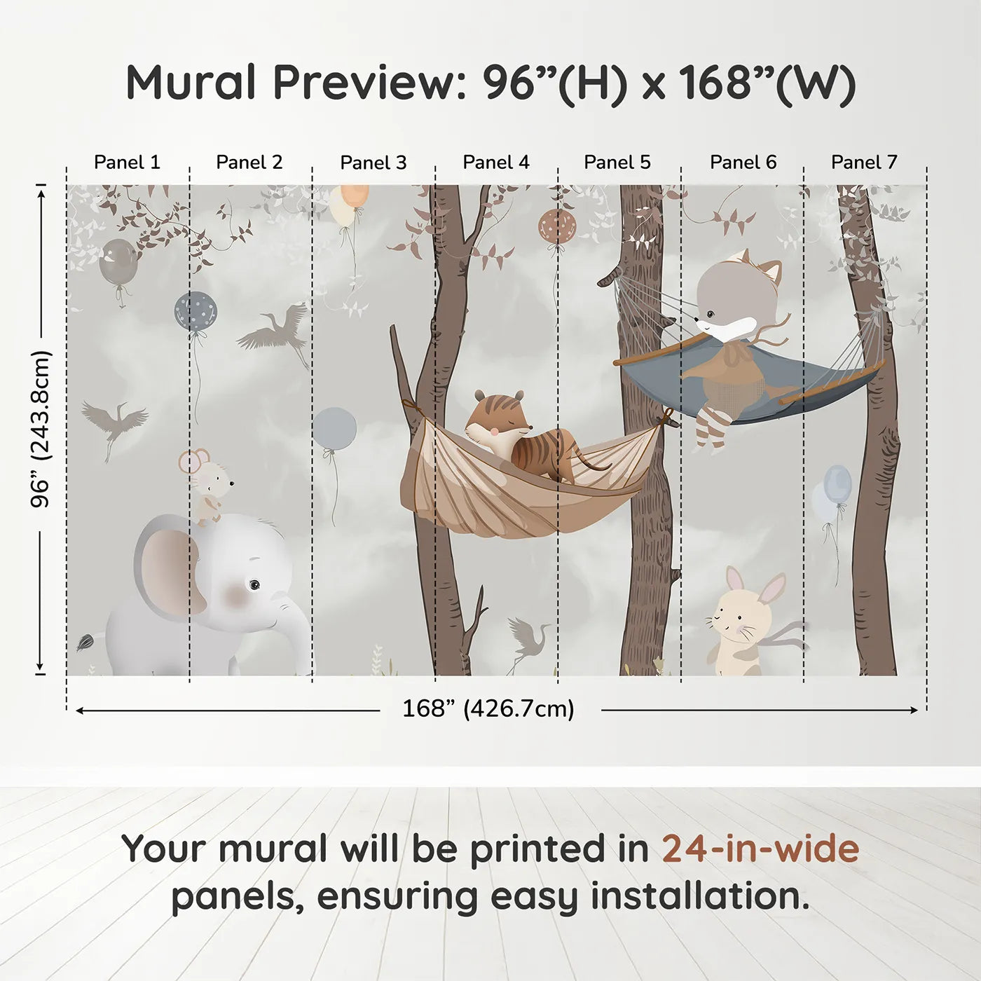Whimsy Tots Woodland Hammock Party Wall Muraldimension view (96" H x 168" W). Printed in seven 24-inch-wide panels. Gender-Neutral