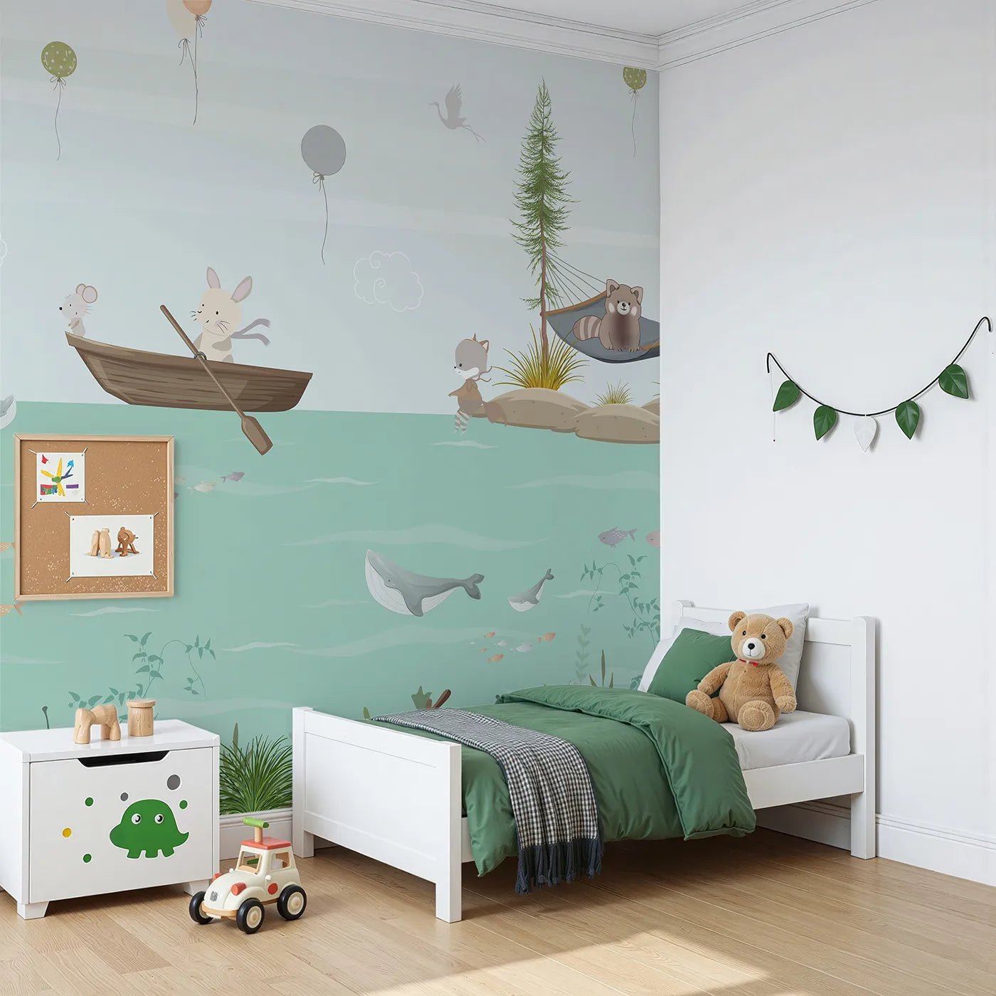 Angled view of Whimsy Tots' Woodland River Adventure Wall Mural (Turn Their Room into a Gentle, Riverside Playground).Gender-Neutral