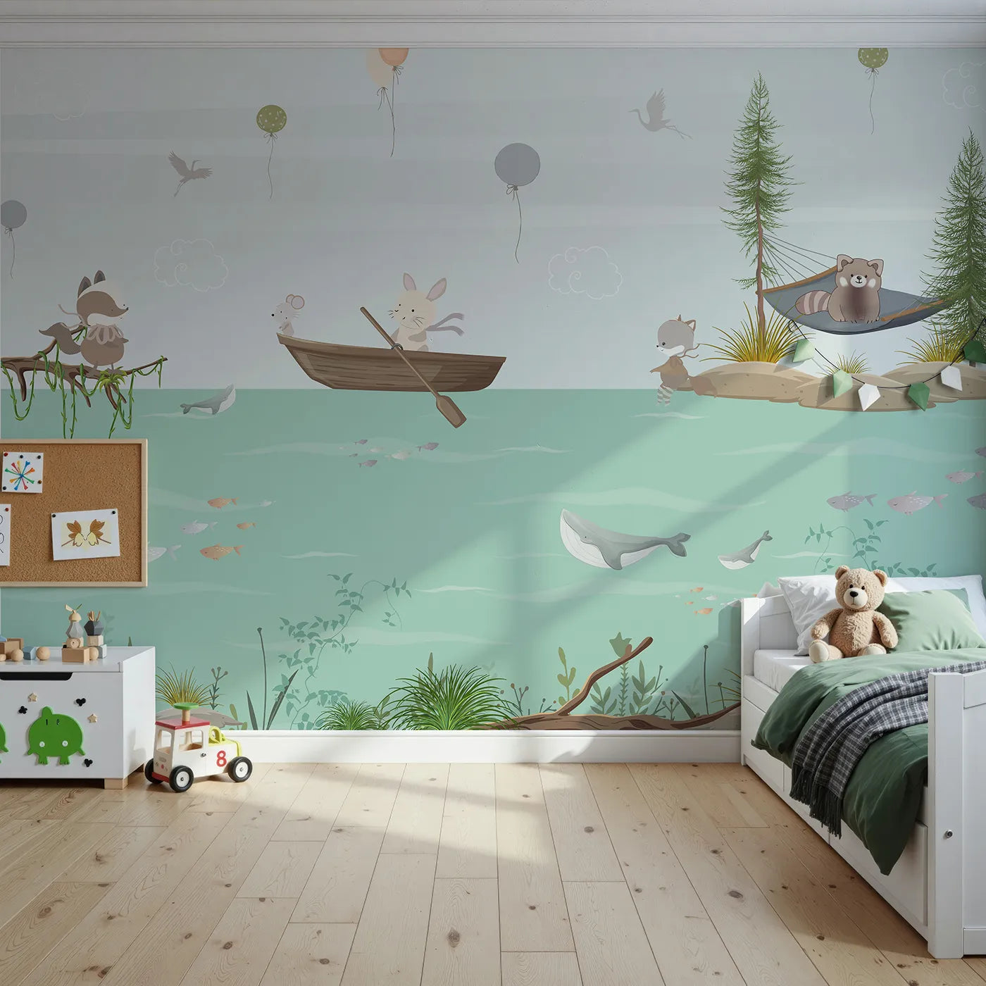 Front view of Whimsy Tots' Woodland River Adventure Wall Mural