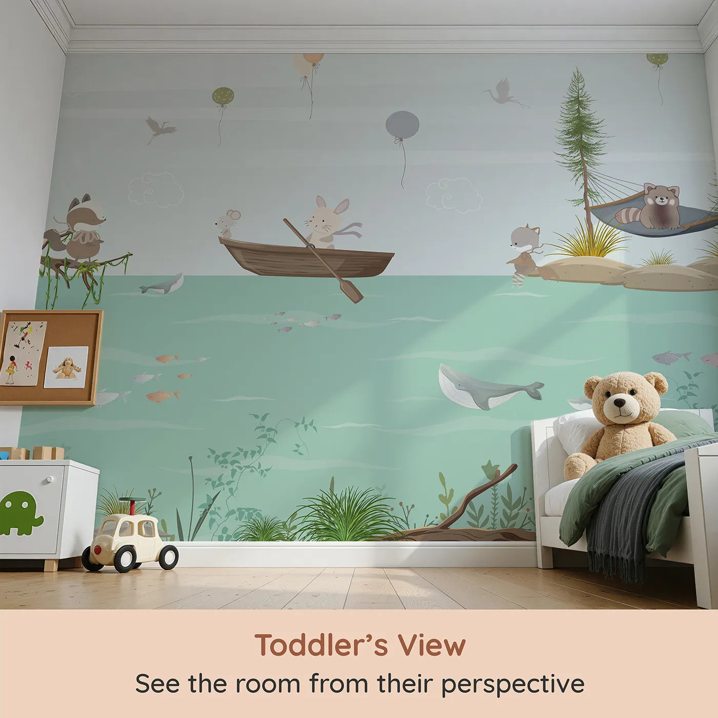 Whimsy Tots Woodland River Adventure Wall Mural (Turn Their Room into a Gentle, Riverside Playground) from your child's view.Gender-Neutral