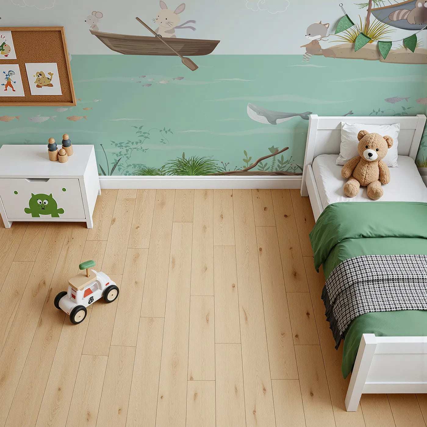 Top-down view of Whimsy Tots' Woodland River Adventure Wall Mural (Turn Their Room into a Gentle, Riverside Playground).Gender-Neutral