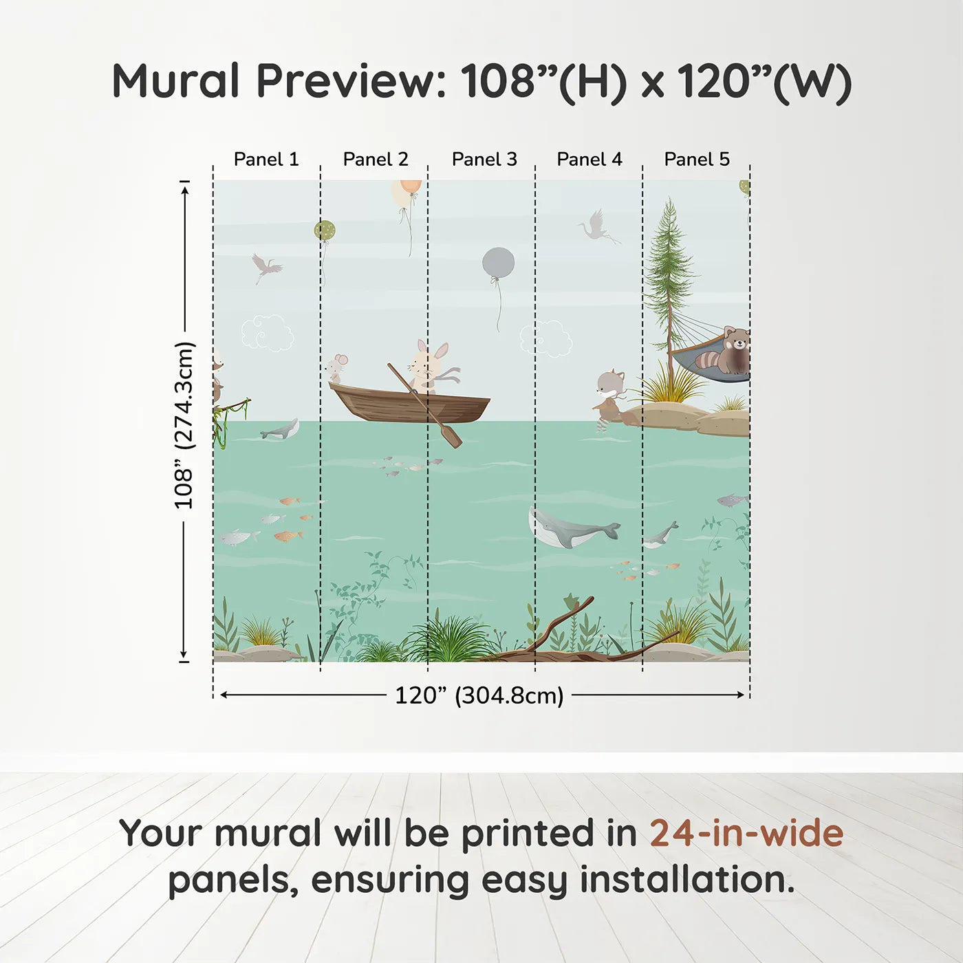 Whimsy Tots Woodland River Adventure Wall Muraldimension view (108" H x 120" W). Printed in five 24-inch-wide panels. Gender-Neutral