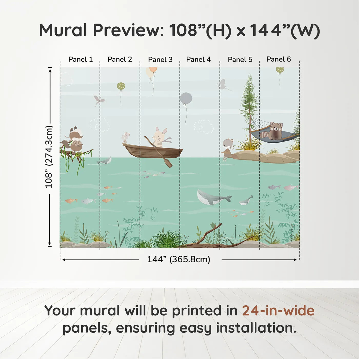 Whimsy Tots Woodland River Adventure Wall Muraldimension view (108" H x 144" W). Printed in six 24-inch-wide panels. Gender-Neutral