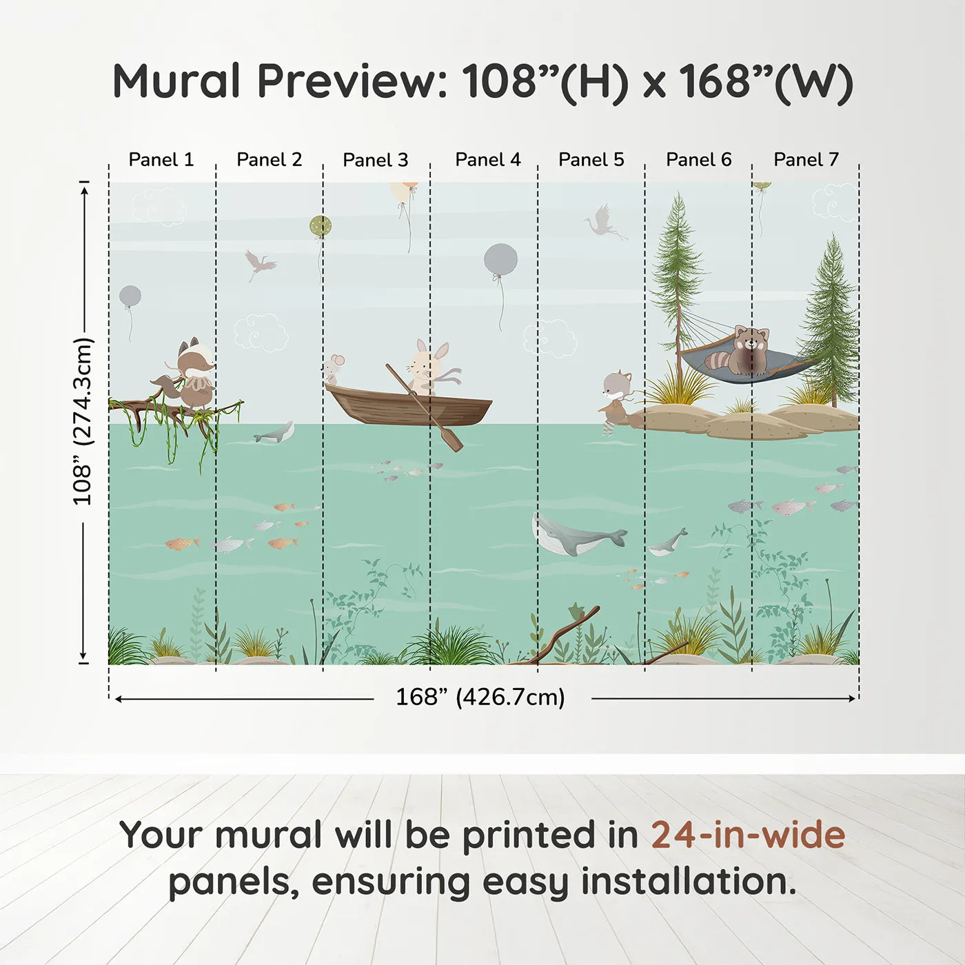 Whimsy Tots Woodland River Adventure Wall Muraldimension view (108" H x 168" W). Printed in seven 24-inch-wide panels. Gender-Neutral