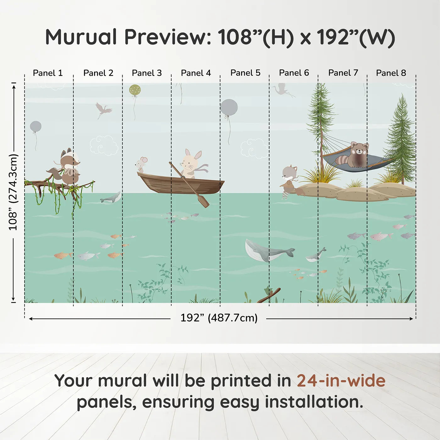 Whimsy Tots Woodland River Adventure Wall Muraldimension view (108" H x 192" W). Printed in eight 24-inch-wide panels. Gender-Neutral