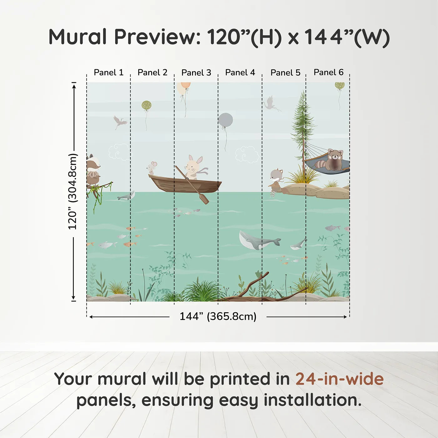 Whimsy Tots Woodland River Adventure Wall Muraldimension view (120" H x 144" W). Printed in six 24-inch-wide panels. Gender-Neutral