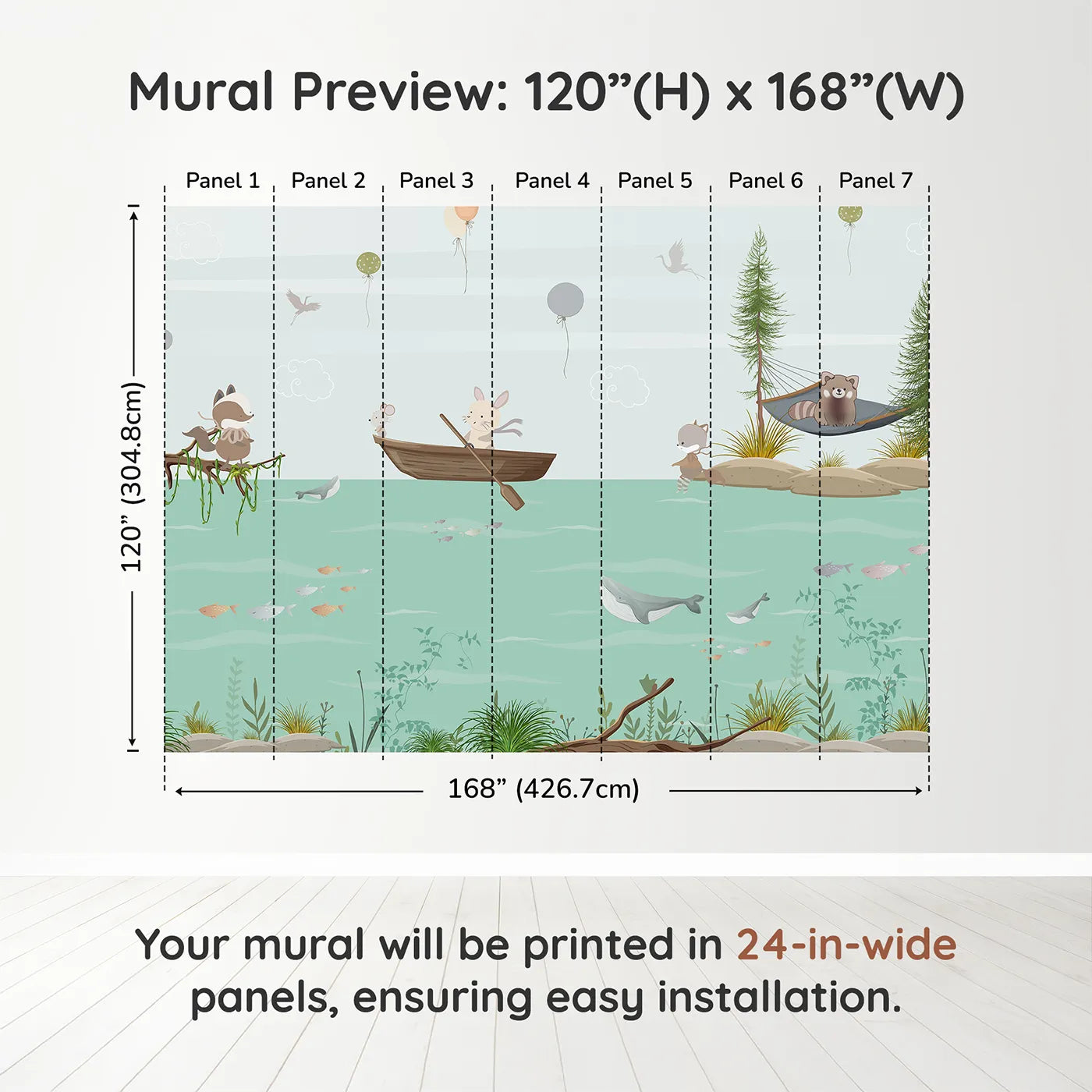 Whimsy Tots Woodland River Adventure Wall Muraldimension view (120" H x 168" W). Printed in seven 24-inch-wide panels. Gender-Neutral
