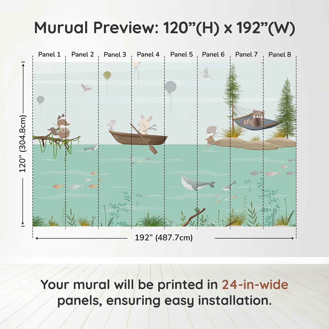 Whimsy Tots Woodland River Adventure Wall Muraldimension view (120" H x 192" W). Printed in eight 24-inch-wide panels. Gender-Neutral
