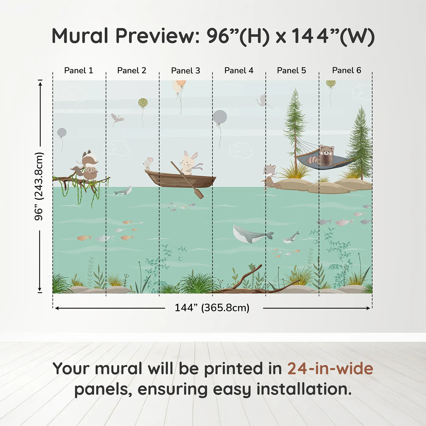 Whimsy Tots Woodland River Adventure Wall Muraldimension view (96" H x 144" W). Printed in six 24-inch-wide panels. Gender-Neutral