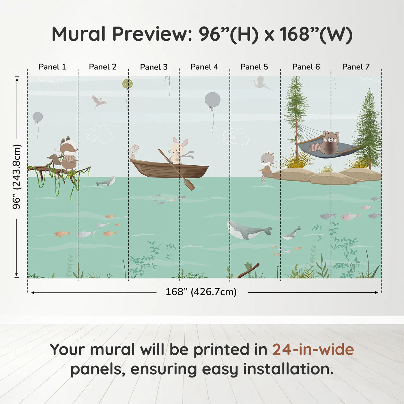 Whimsy Tots Woodland River Adventure Wall Muraldimension view (96" H x 168" W). Printed in seven 24-inch-wide panels. Gender-Neutral