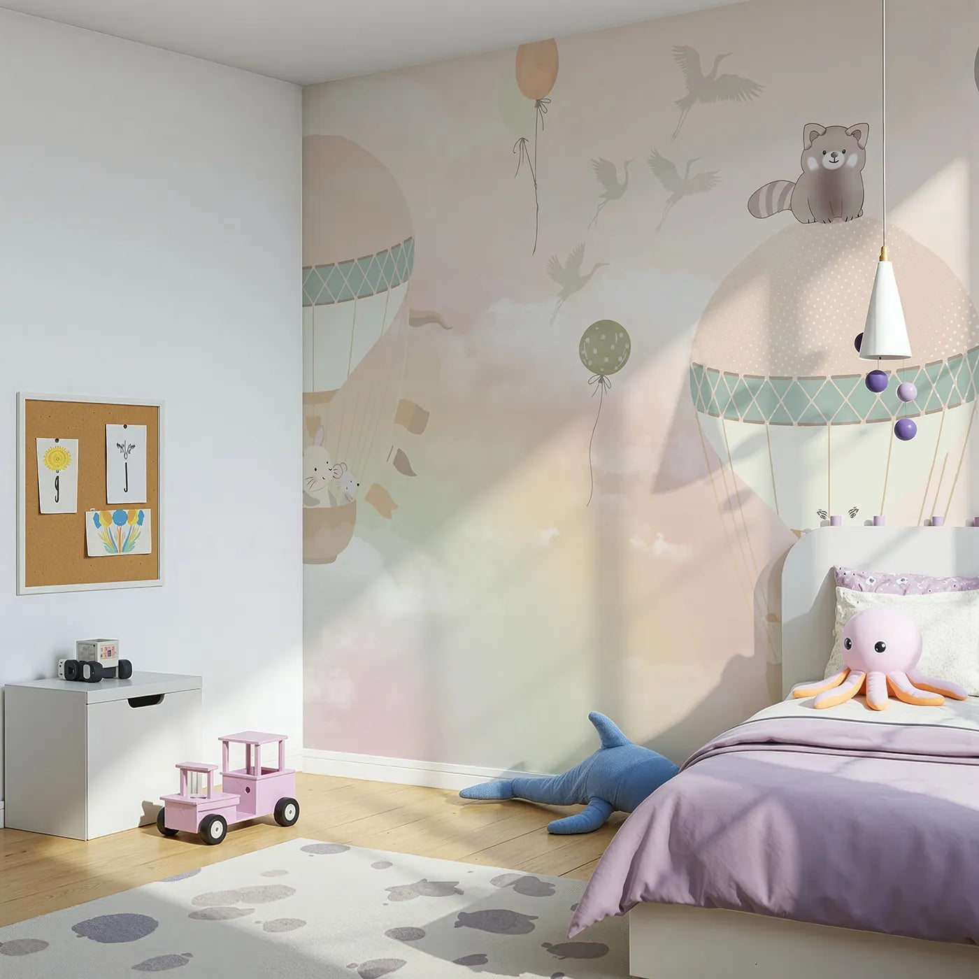 Angled view of Whimsy Tots' Pastel Sky Balloon Adventure Wall Mural (Turn Their Room into a Gentle, Dreamy Sky Parade).Gender-Neutral