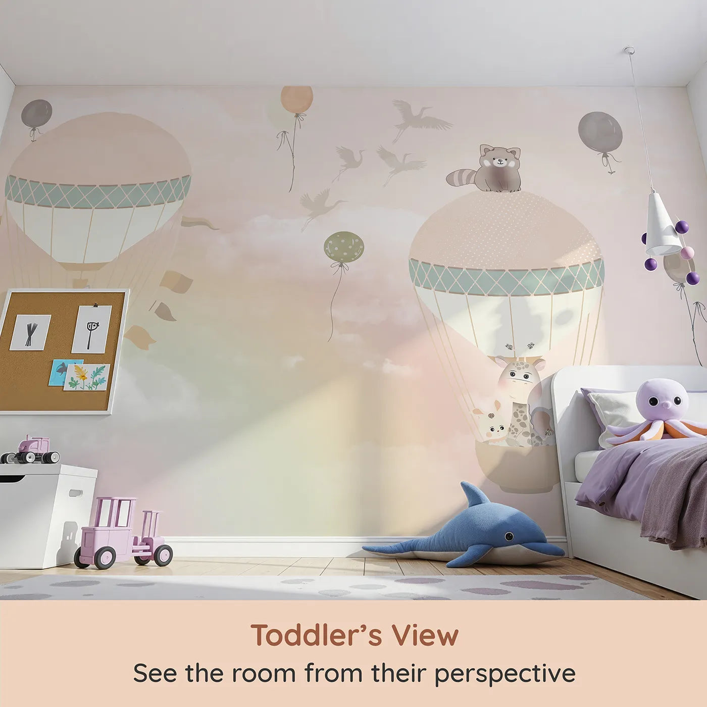 Whimsy Tots Pastel Sky Balloon Adventure Wall Mural (Turn Their Room into a Gentle, Dreamy Sky Parade) from your child's view.Gender-Neutral