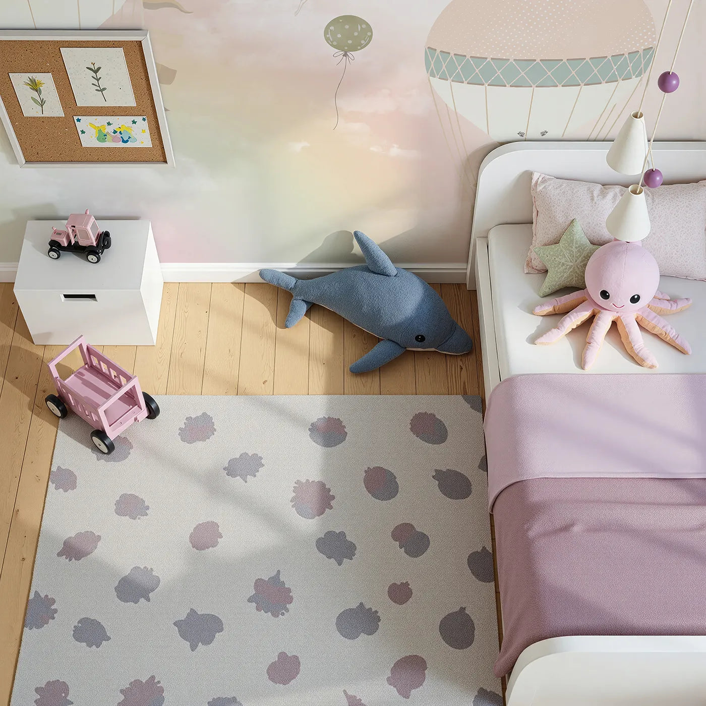 Top-down view of Whimsy Tots' Pastel Sky Balloon Adventure Wall Mural (Turn Their Room into a Gentle, Dreamy Sky Parade).Gender-Neutral