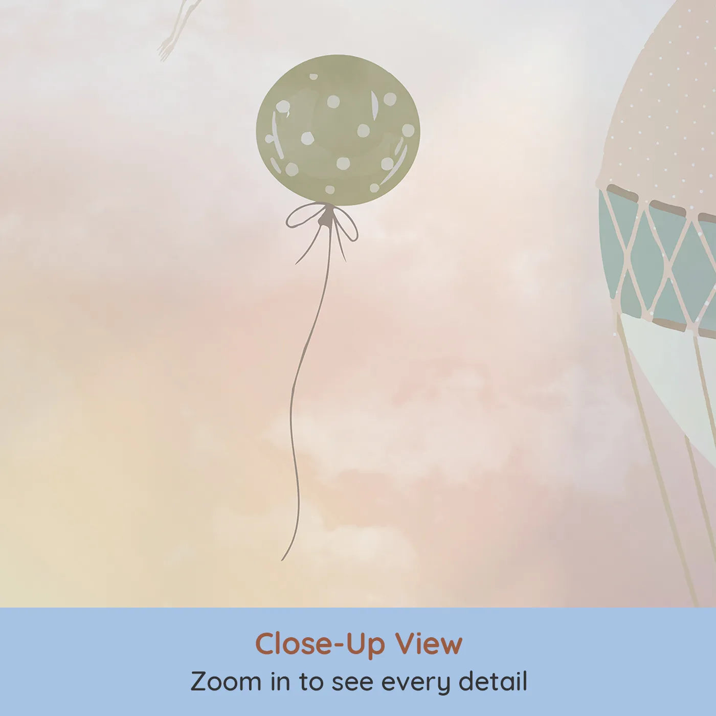 Close-up view of Whimsy Tots' Pastel Sky Balloon Adventure Wall Mural (Turn Their Room into a Gentle, Dreamy Sky Parade).Gender-Neutral