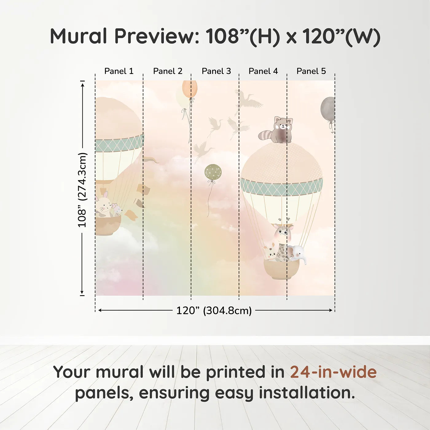 Whimsy Tots Pastel Sky Balloon Adventure Wall Muraldimension view (108" H x 120" W). Printed in five 24-inch-wide panels. Gender-Neutral