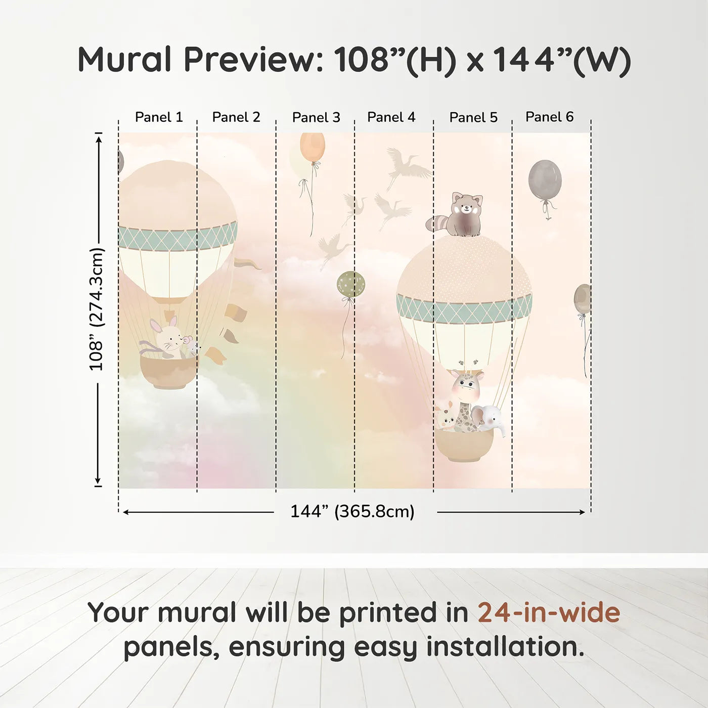 Whimsy Tots Pastel Sky Balloon Adventure Wall Muraldimension view (108" H x 144" W). Printed in six 24-inch-wide panels. Gender-Neutral