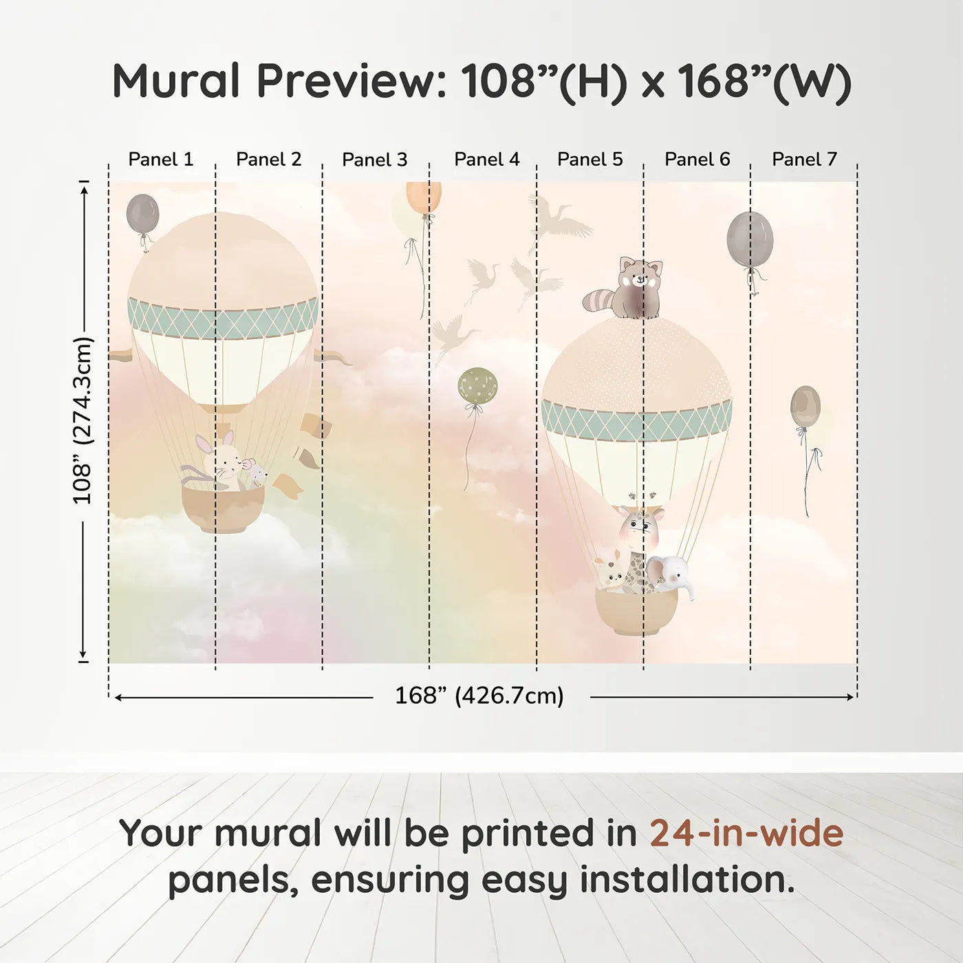 Whimsy Tots Pastel Sky Balloon Adventure Wall Muraldimension view (108" H x 168" W). Printed in seven 24-inch-wide panels. Gender-Neutral