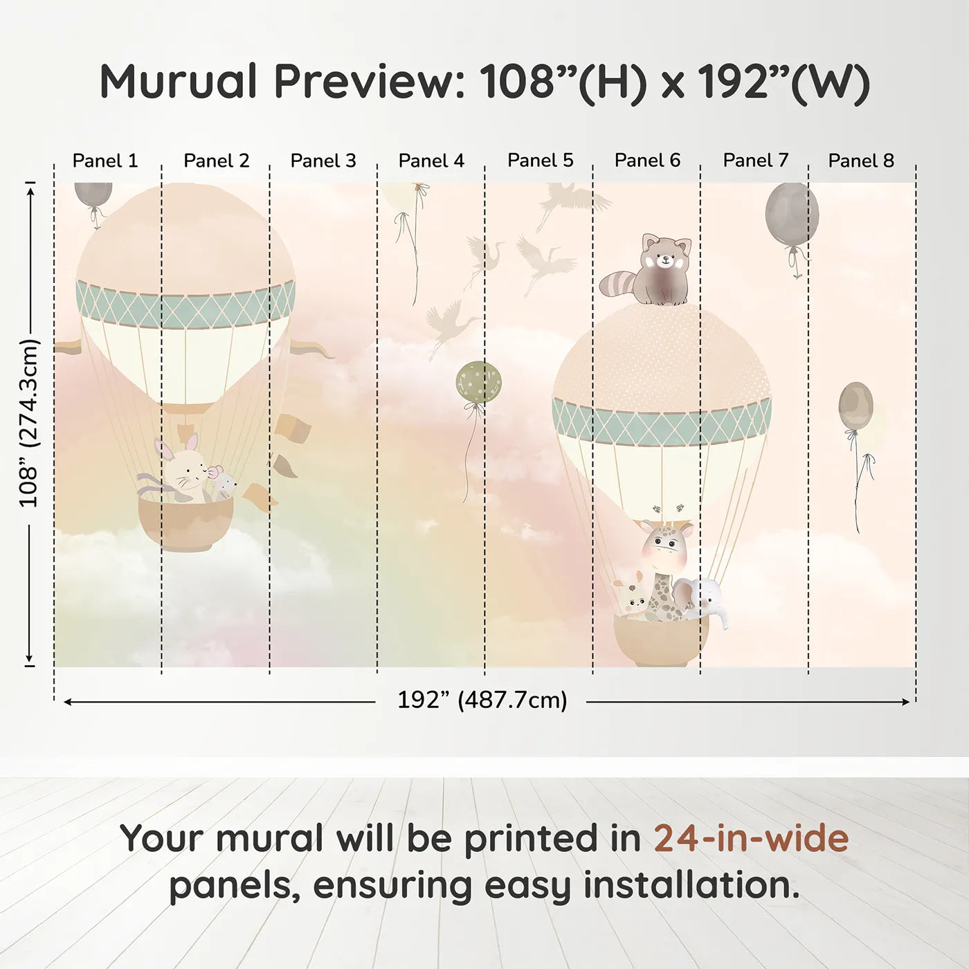 Whimsy Tots Pastel Sky Balloon Adventure Wall Muraldimension view (108" H x 192" W). Printed in eight 24-inch-wide panels. Gender-Neutral