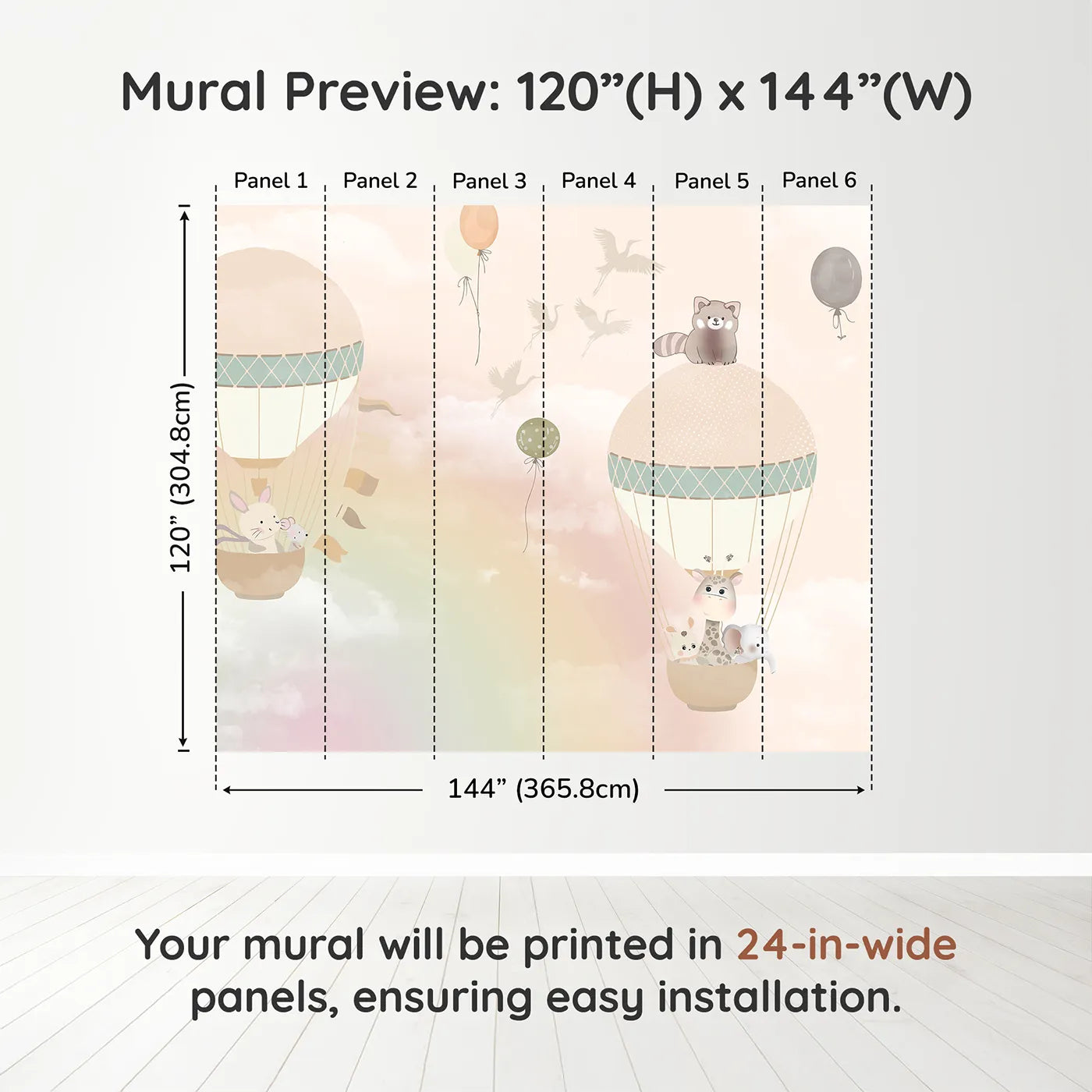 Whimsy Tots Pastel Sky Balloon Adventure Wall Muraldimension view (120" H x 144" W). Printed in six 24-inch-wide panels. Gender-Neutral