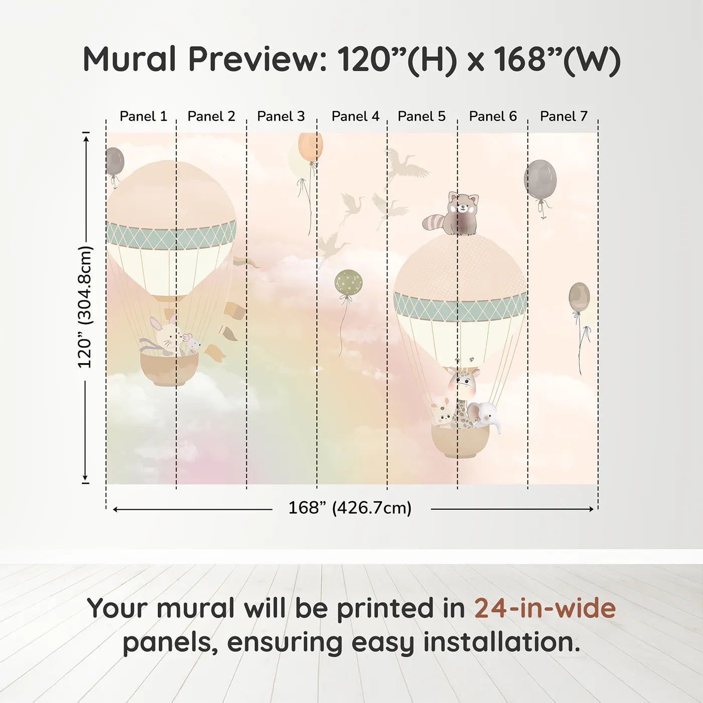 Whimsy Tots Pastel Sky Balloon Adventure Wall Muraldimension view (120" H x 168" W). Printed in seven 24-inch-wide panels. Gender-Neutral