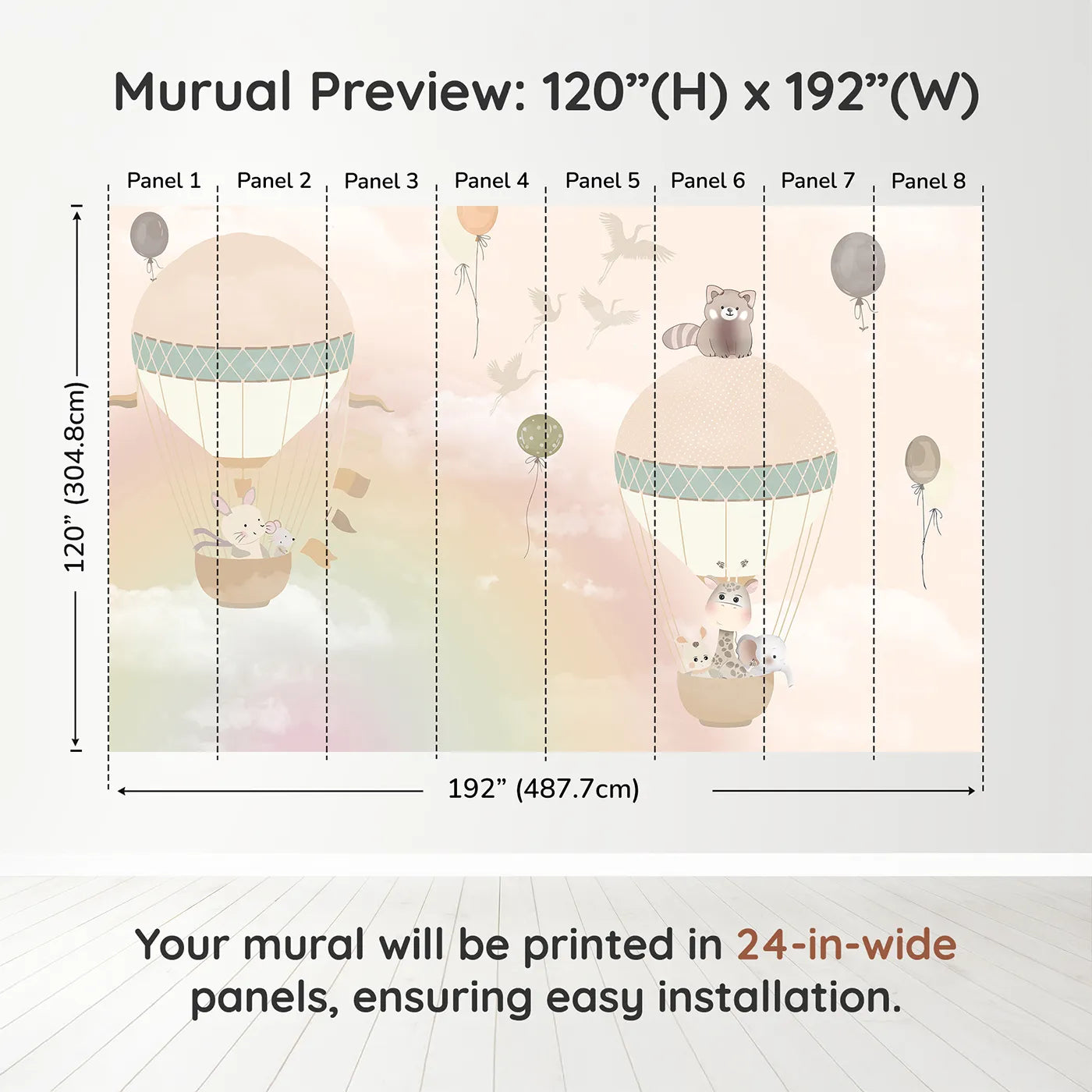 Whimsy Tots Pastel Sky Balloon Adventure Wall Muraldimension view (120" H x 192" W). Printed in eight 24-inch-wide panels. Gender-Neutral
