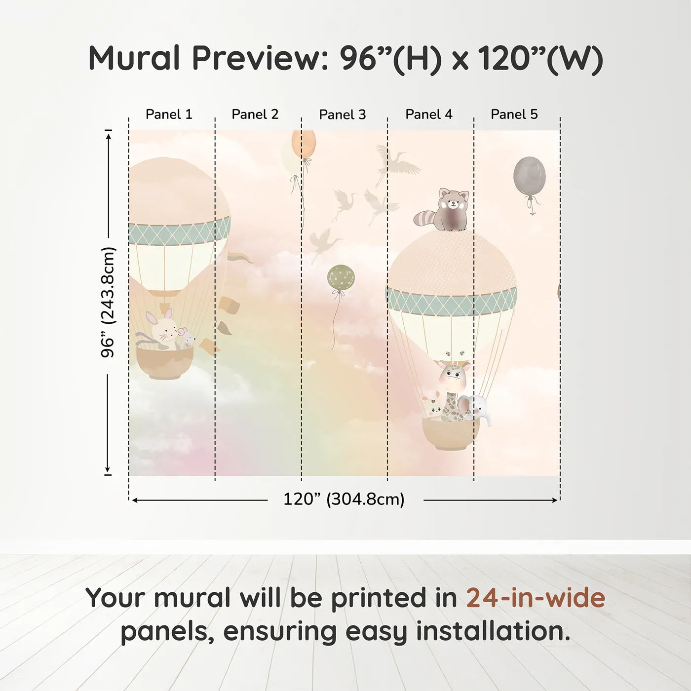 Whimsy Tots Pastel Sky Balloon Adventure Wall Muraldimension view (96" H x 120" W). Printed in five 24-inch-wide panels. Gender-Neutral