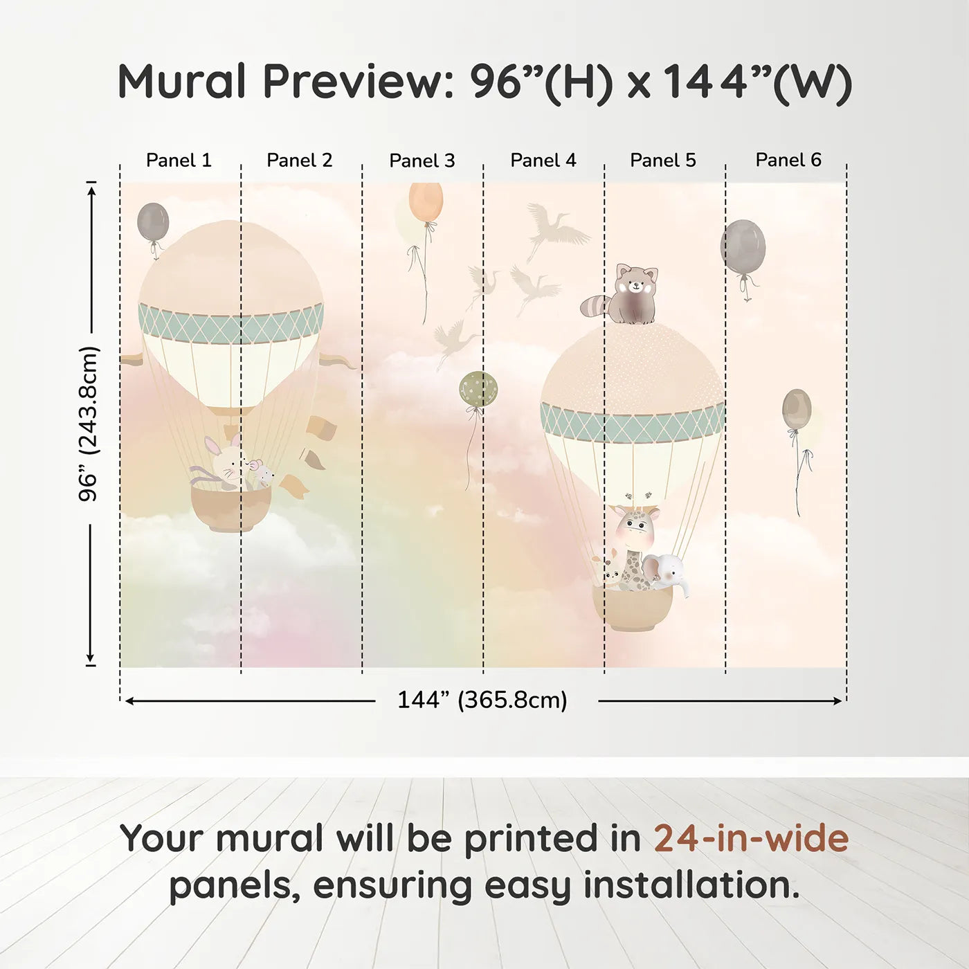 Whimsy Tots Pastel Sky Balloon Adventure Wall Muraldimension view (96" H x 144" W). Printed in six 24-inch-wide panels. Gender-Neutral