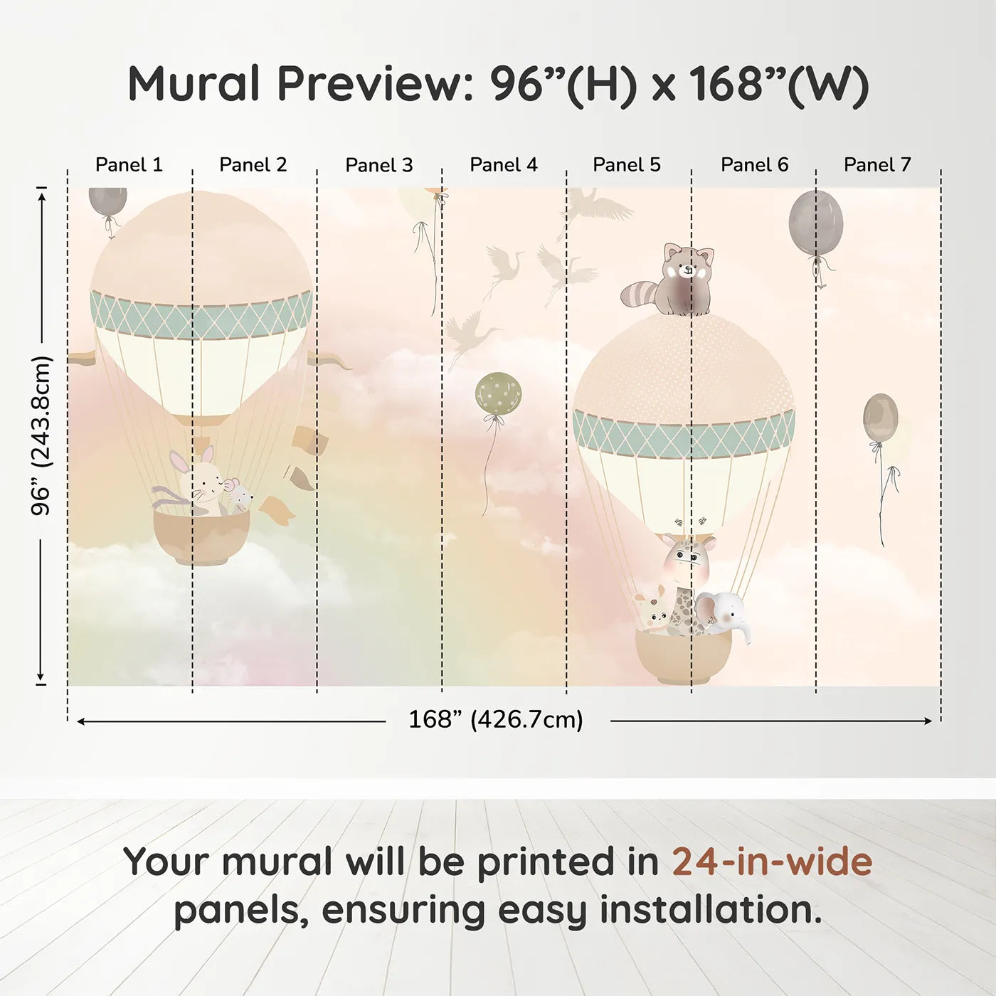 Whimsy Tots Pastel Sky Balloon Adventure Wall Muraldimension view (96" H x 168" W). Printed in seven 24-inch-wide panels. Gender-Neutral