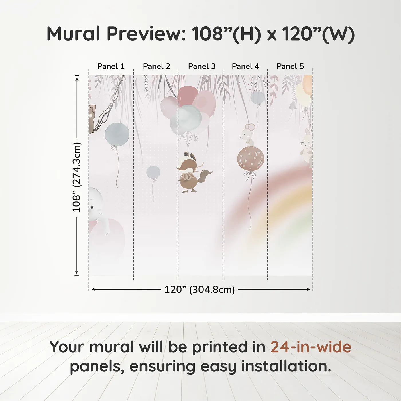 Whimsy Tots Animal Balloon Party Wall Mural in Pinkdimension view (108" H x 120" W). Printed in five 24-inch-wide panels. Gender-Neutral