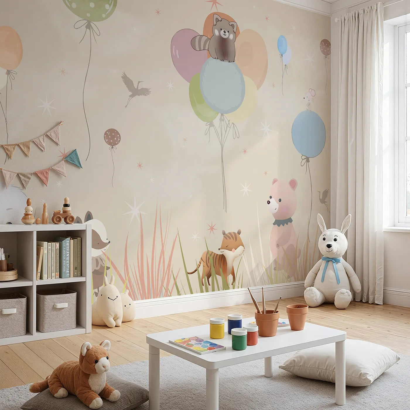 Angled view of Whimsy Tots' Animal Balloon Meadow Wall Mural (Turn Their Room into a Cheerful, High-Flying Party).Gender-Neutral